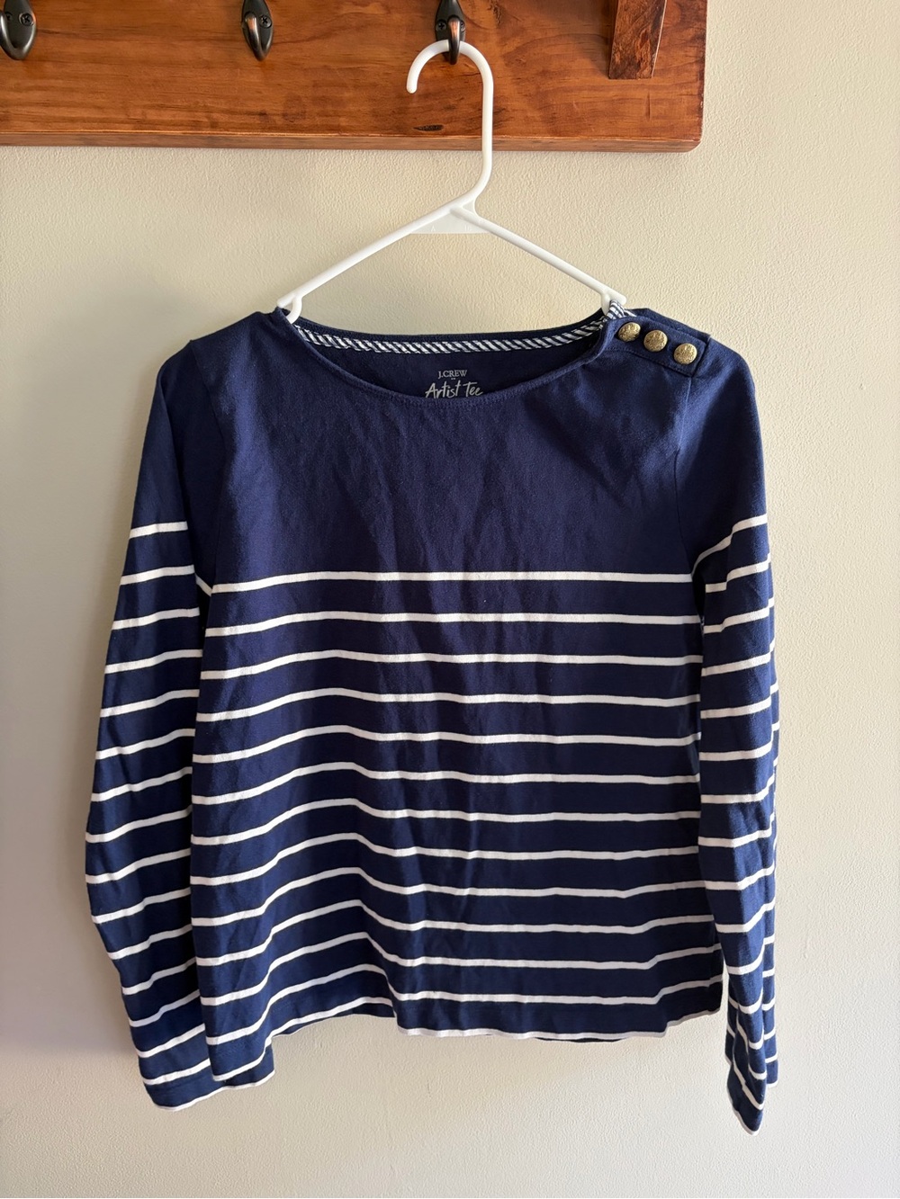 J. Crew Navy and White Striped Long Sleeve Boatneck Top with Shoulder Buttons